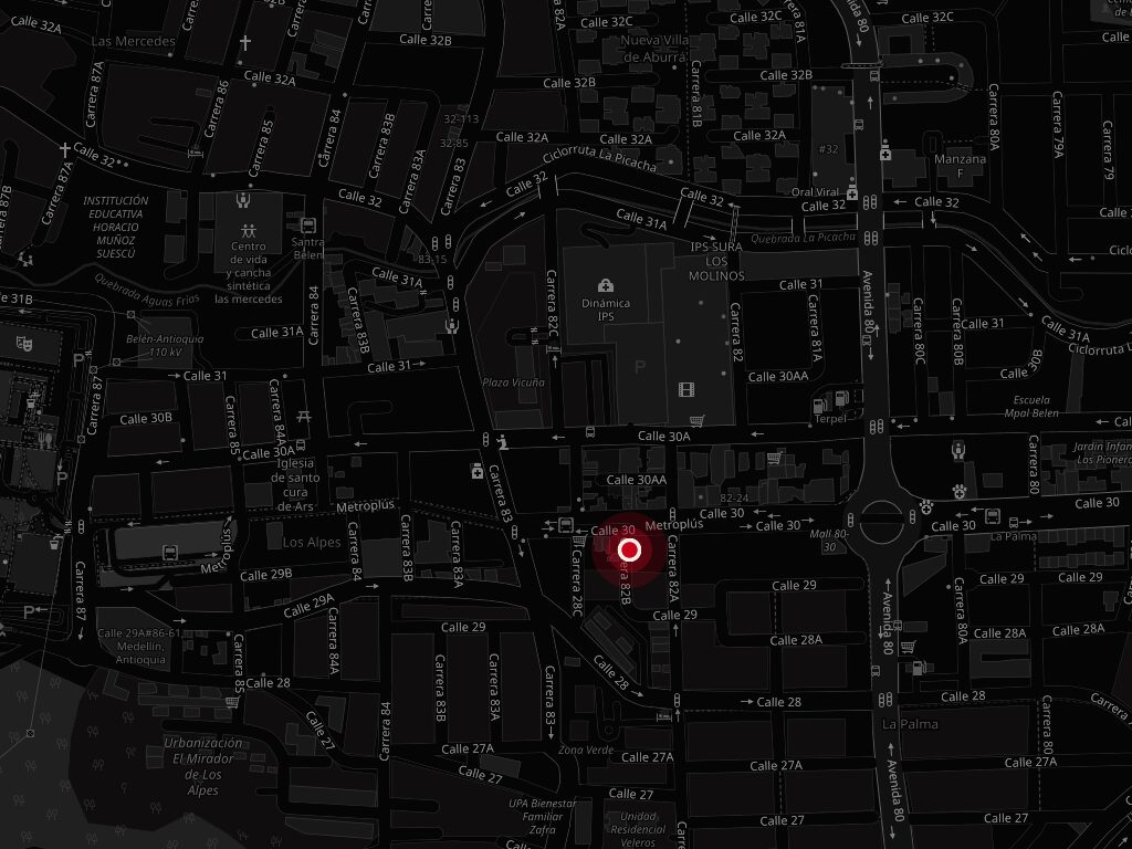 Mapa de Belén con el local de CARNUDOS marcado en la calle 30 con carrera 82A